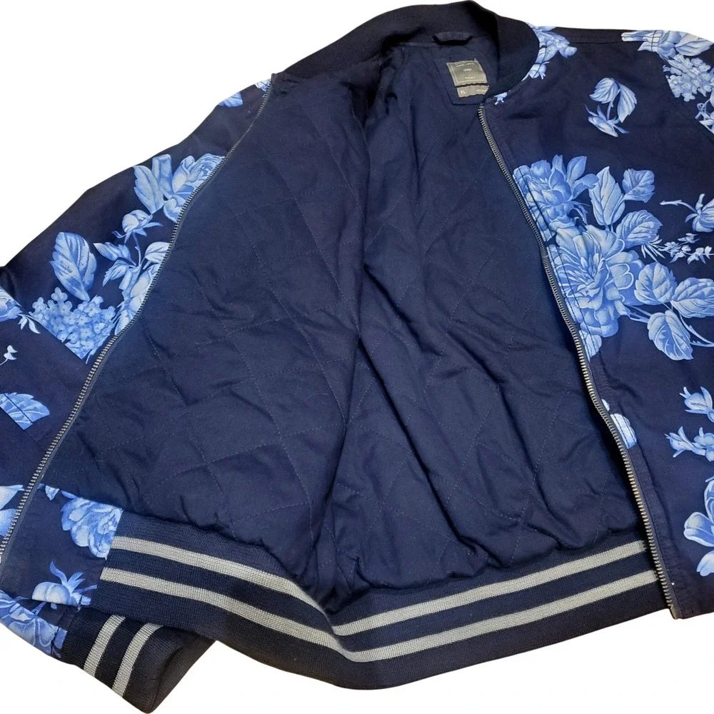 Gap Women Navy Blue‎ Floral Print Bomber Full Zip Jacket Lightweight Size XL